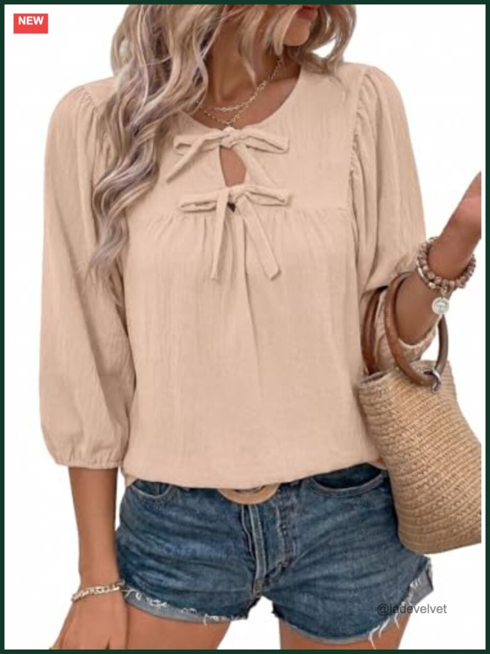 3/4 Sleeve Bow Tie Babydoll Blouse Dressy Casual Top Women's Elegant Loose Fit